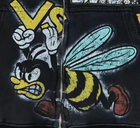 Distressed bee artwork supplied as the brand graphic reference